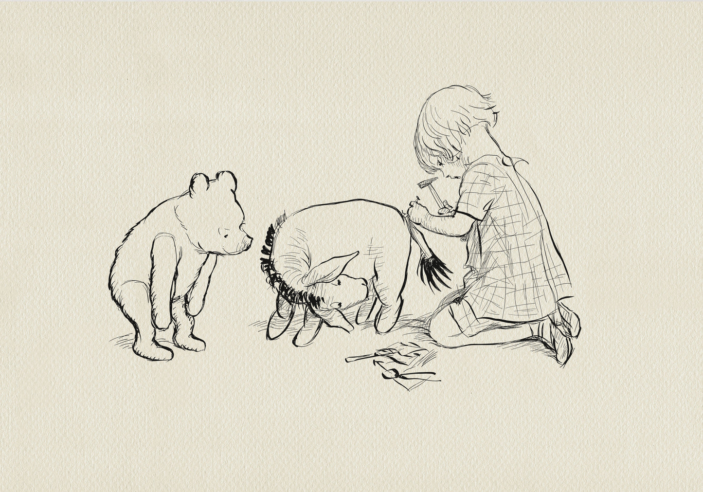 A black and white line drawing of Christopher Robin, Winnie the Pooh and Pigle. The coy is sitting on the ground and using a hammer to fix Eeyore's tail. Winnie the Pooh and Piglet are standing and watching.