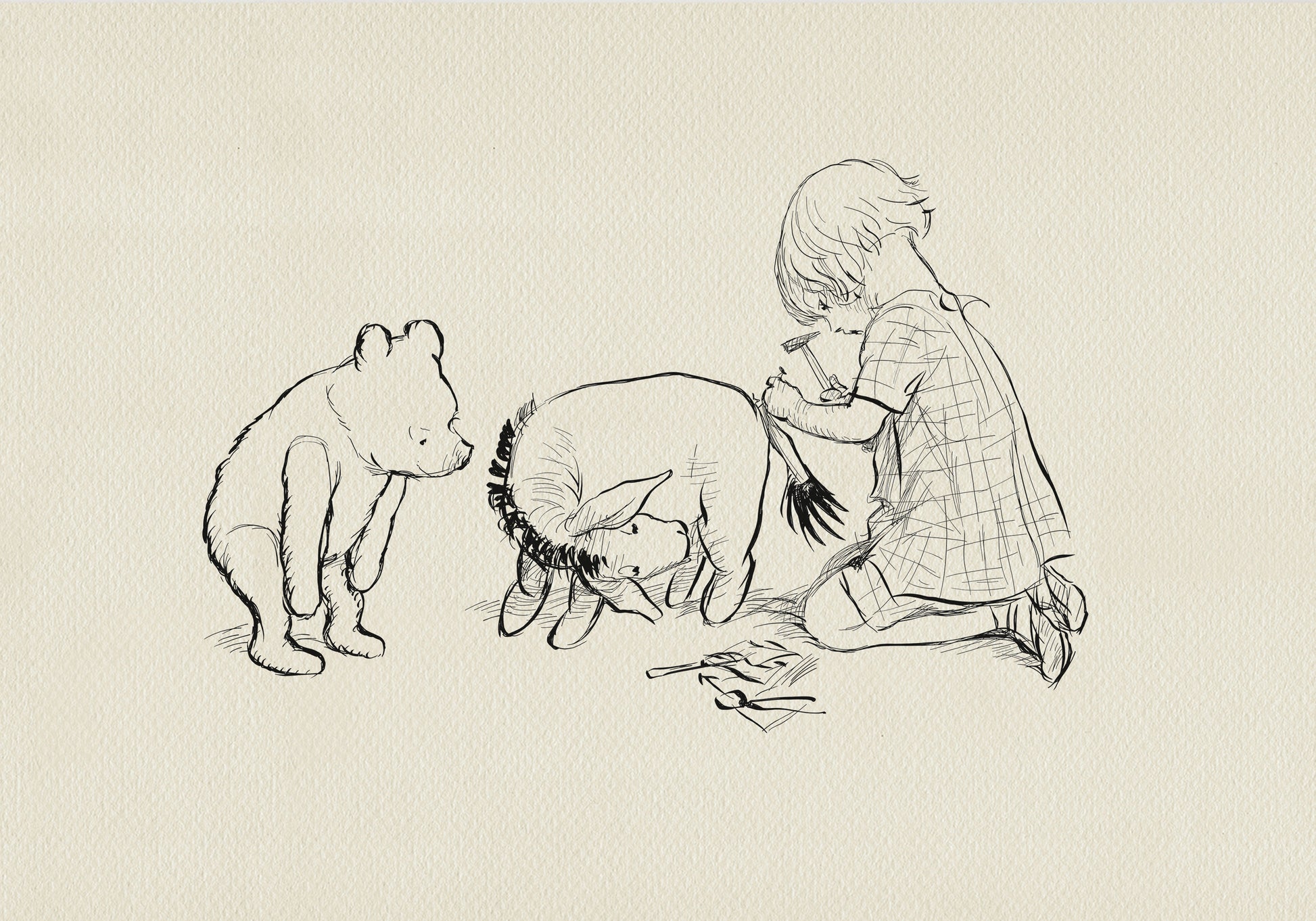 A black and white line drawing of Christopher Robin, Winnie the Pooh and Pigle. The coy is sitting on the ground and using a hammer to fix Eeyore's tail. Winnie the Pooh and Piglet are standing and watching.