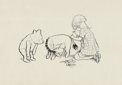 A black and white line drawing of Christopher Robin, Winnie the Pooh and Pigle. The coy is sitting on the ground and using a hammer to fix Eeyore's tail. Winnie the Pooh and Piglet are standing and watching.