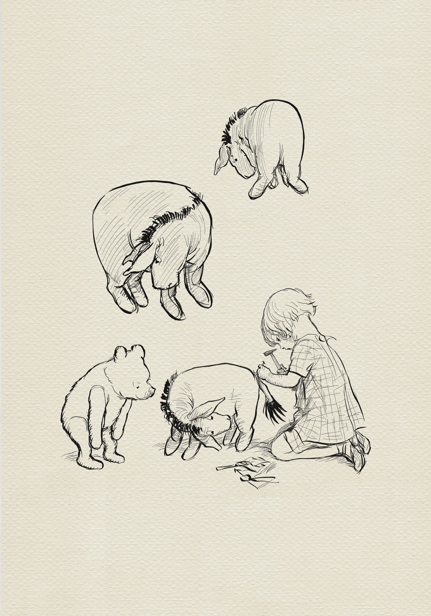 A black and white line drawing of Christopher Robin and Winnie the Pooh. The boy is sitting on the ground and using a hammer to fix Eeyore's tail. Winnie the Pooh is standing and watching. There are two other donkeys in the drawing, one standing and one lying down.