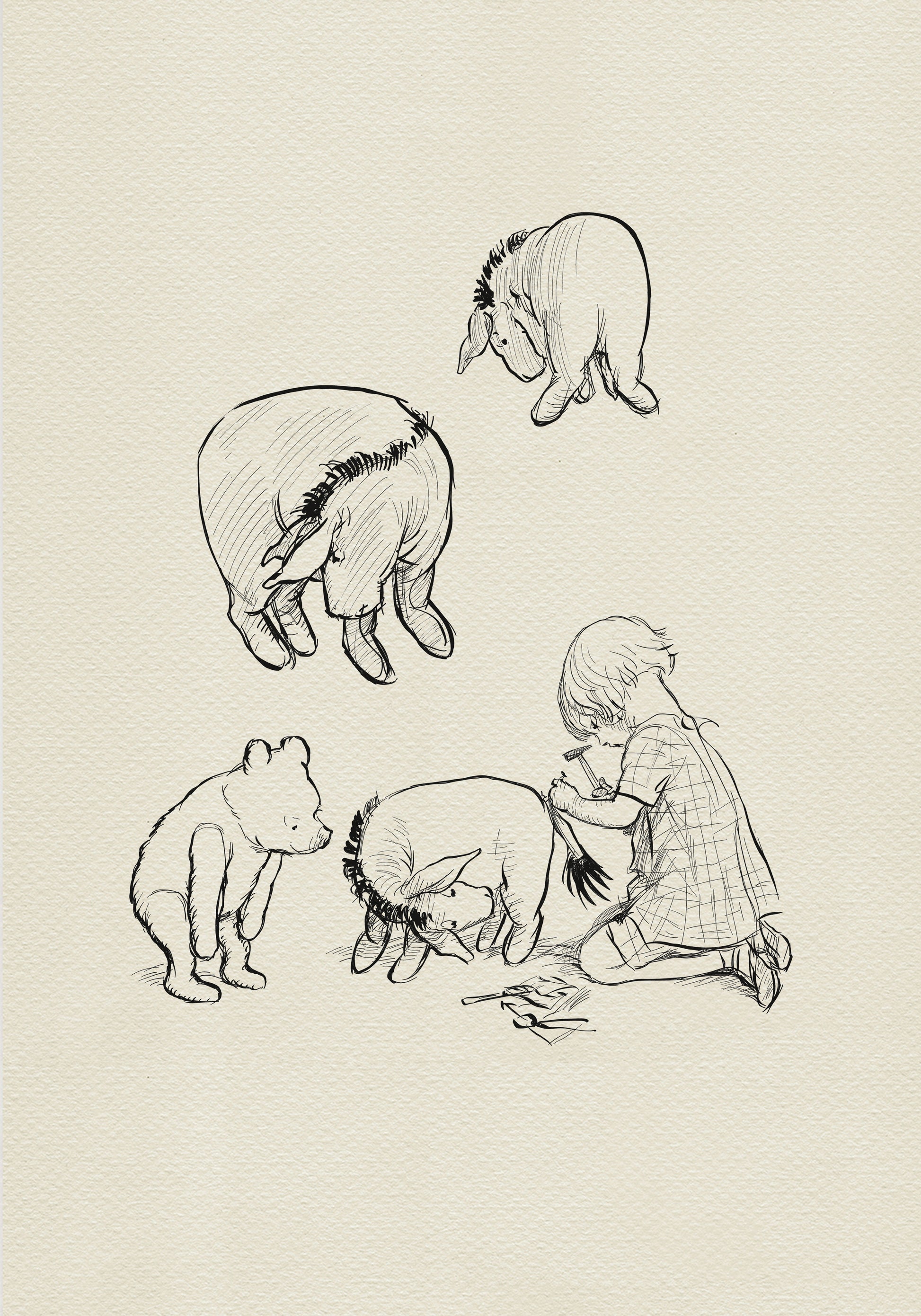 A black and white line drawing of Christopher Robin and Winnie the Pooh. The boy is sitting on the ground and using a hammer to fix Eeyore's tail. Winnie the Pooh is standing and watching. There are two other donkeys in the drawing, one standing and one lying down.