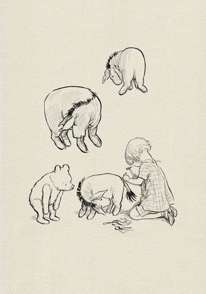 A black and white line drawing of Christopher Robin and Winnie the Pooh. The boy is sitting on the ground and using a hammer to fix Eeyore's tail. Winnie the Pooh is standing and watching. There are two other donkeys in the drawing, one standing and one lying down.