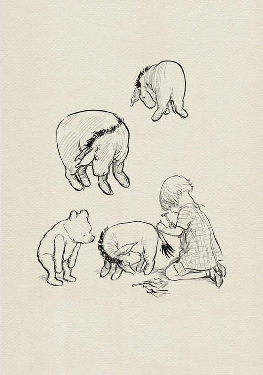 A black and white line drawing of Christopher Robin and Winnie the Pooh. The boy is sitting on the ground and using a hammer to fix Eeyore's tail. Winnie the Pooh is standing and watching. There are two other donkeys in the drawing, one standing and one lying down.
