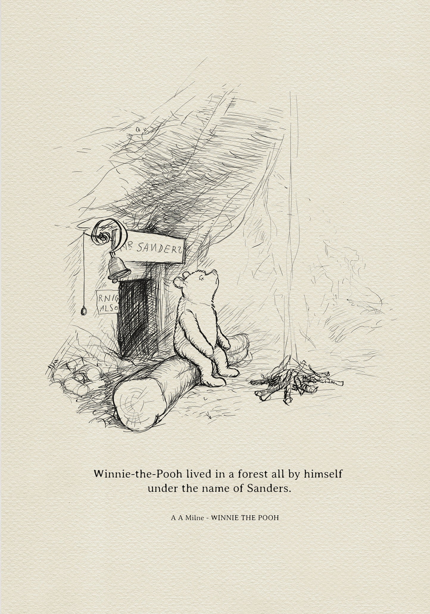 A black-and-white drawing of a bear sitting on a log in front of a front door with a sign reading "Mr. Sanders" and a bell above it. The bear is looking up at something out of frame. Sticks are lying on the ground in front of the bear.