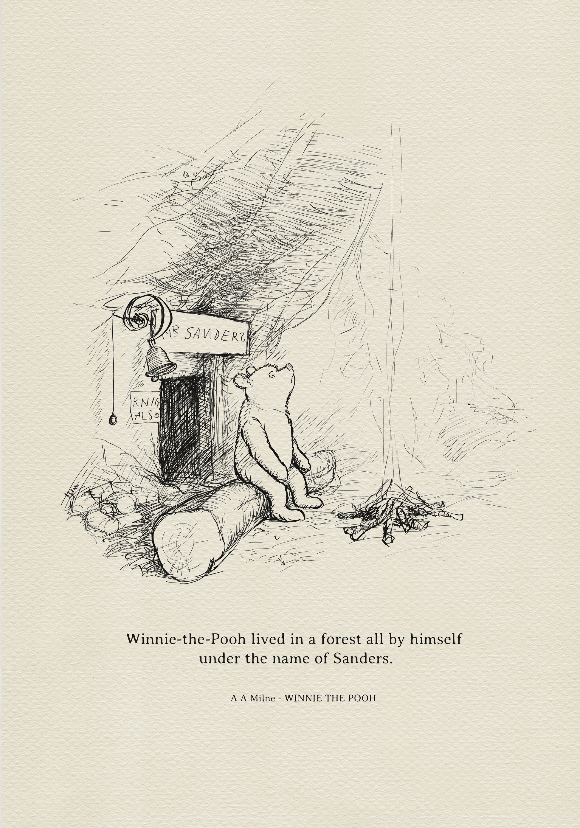 A black-and-white drawing of a bear sitting on a log in front of a front door with a sign reading "Mr. Sanders" and a bell above it. The bear is looking up at something out of frame. Sticks are lying on the ground in front of the bear.