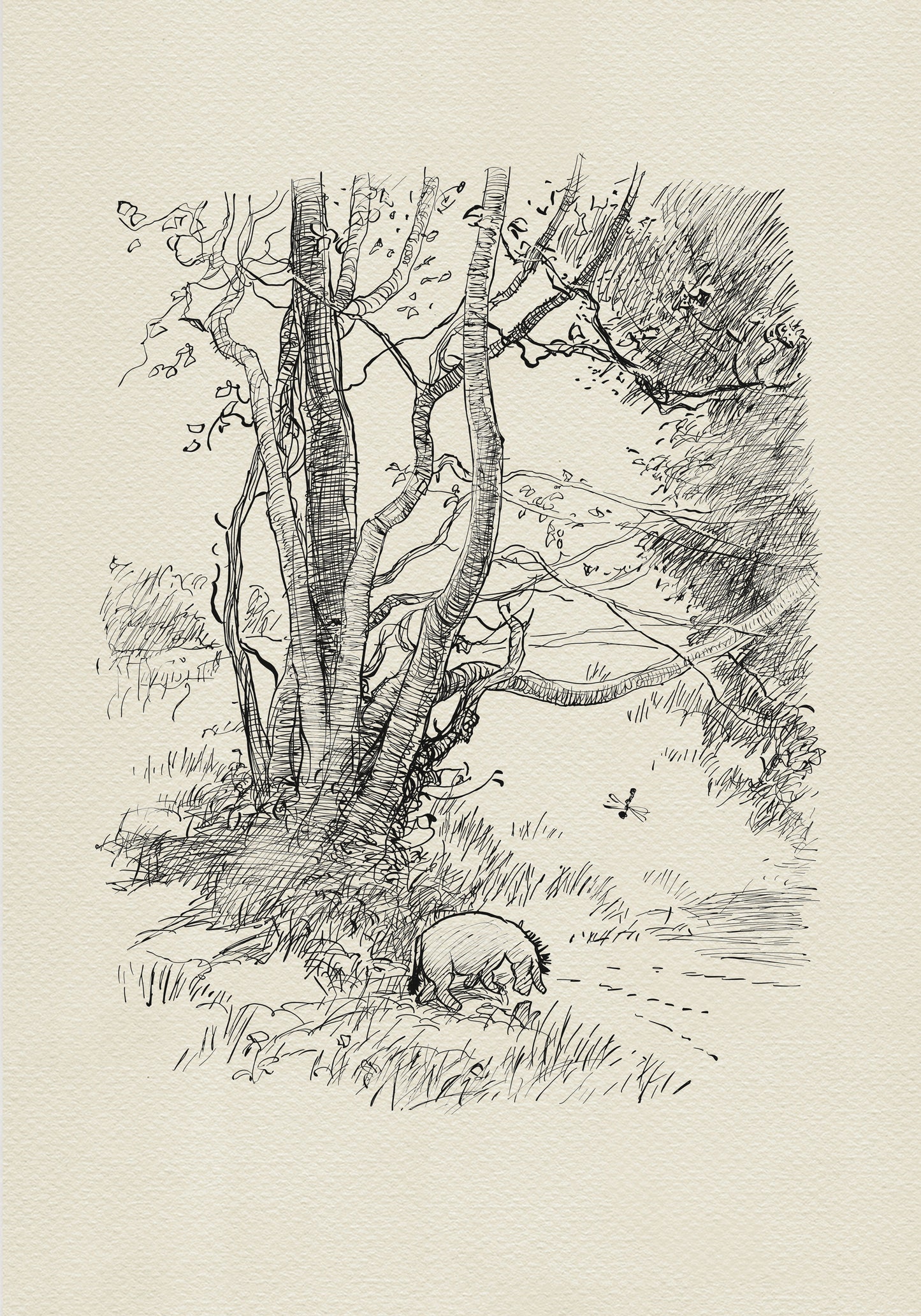 A black and white line drawing of Eeyore walking through a forest. The donkey is standing on a path and there are trees on either side of the path. The donkey is standing towards the right side of the image. There is a dragonfly flying in the air above the Eeyore.