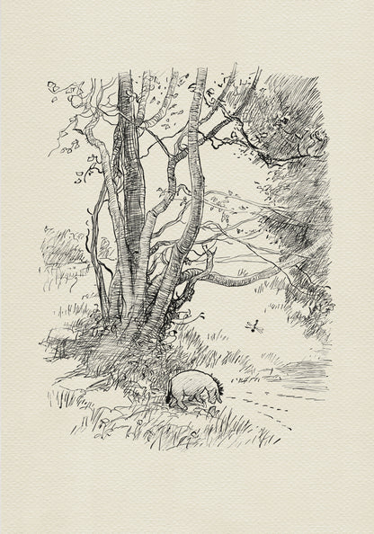 A black and white line drawing of Eeyore walking through a forest. The donkey is standing on a path and there are trees on either side of the path. The donkey is standing towards the right side of the image. There is a dragonfly flying in the air above the Eeyore.
