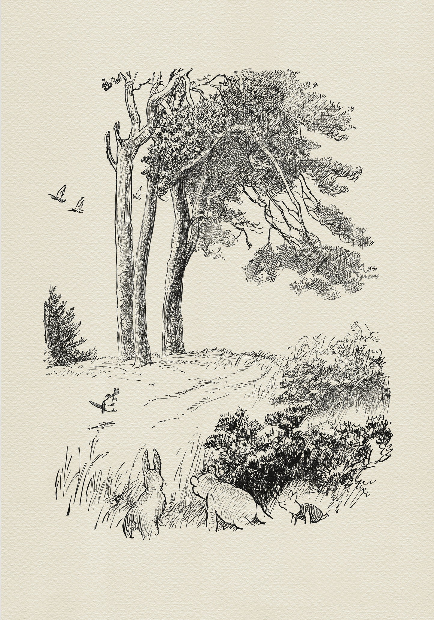 A black-and-white drawing depicting a scene in a forest with a path leading to a large tree. In the foreground, there are Winnie the Pooh, Rabbit and Piglet. They are looking in the direction of two kangaroos visible in the background. The drawing is simple in style and has a fanciful character.