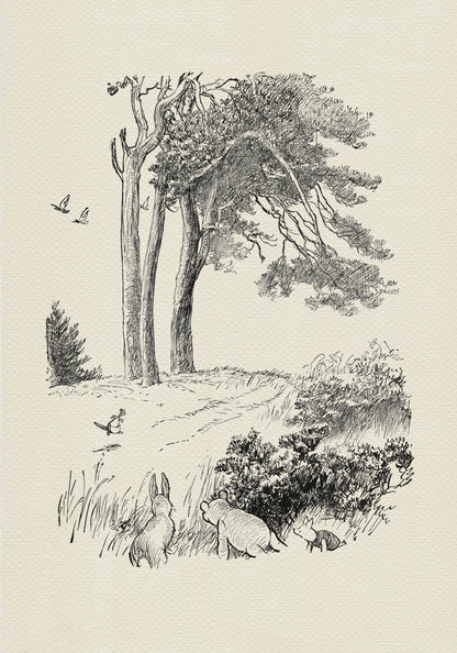 A black-and-white drawing depicting a scene in a forest with a path leading to a large tree. In the foreground, there are Winnie the Pooh, Rabbit and Piglet. They are looking in the direction of two kangaroos visible in the background. The drawing is simple in style and has a fanciful character.