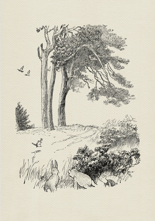 A black-and-white drawing depicting a scene in a forest with a path leading to a large tree. In the foreground, there are Winnie the Pooh, Rabbit and Piglet. They are looking in the direction of two kangaroos visible in the background. The drawing is simple in style and has a fanciful character.