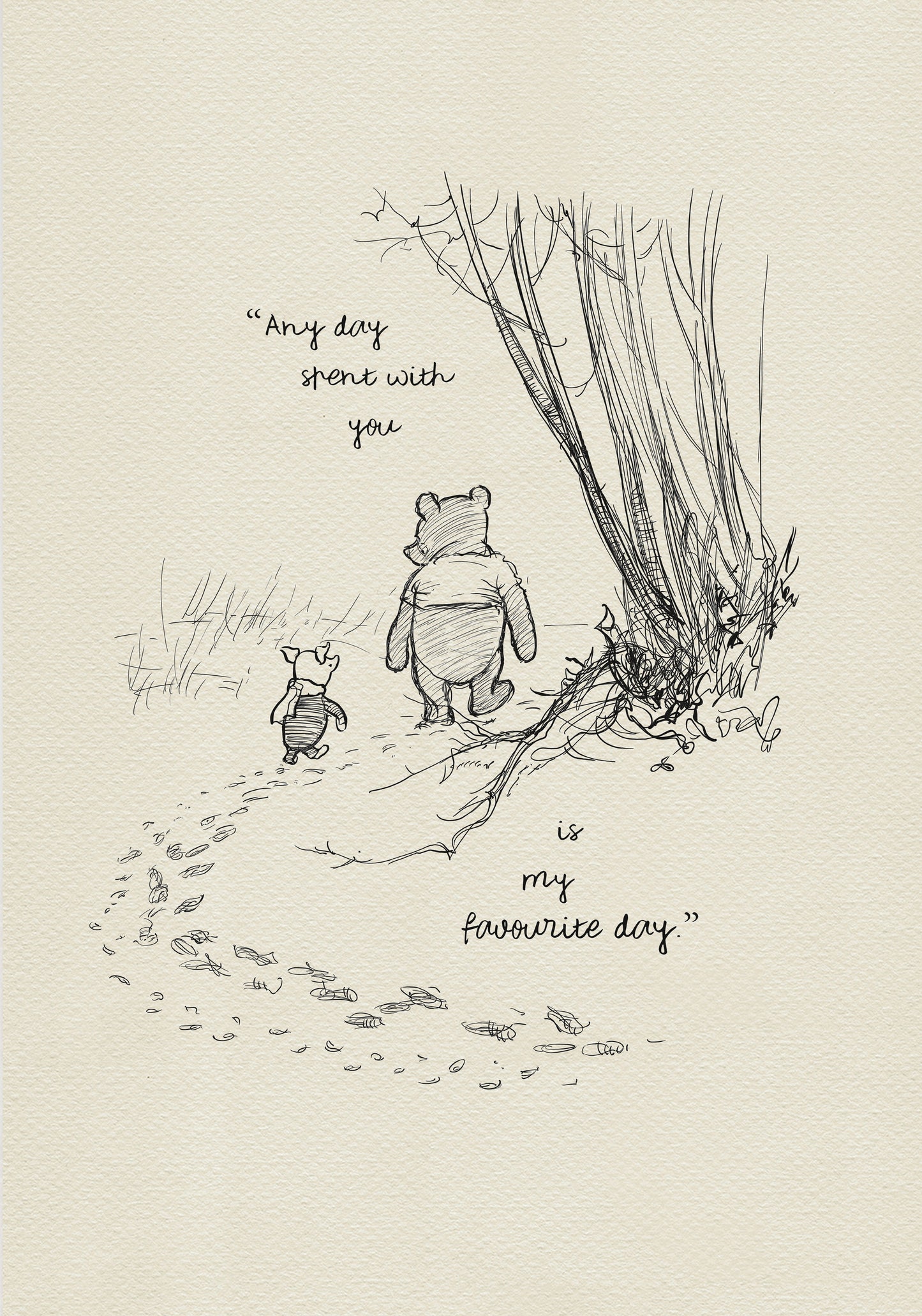 A black and white illustration of Winnie the Pooh and Piglet walking in the woods. The text reads 'As soon as I saw you, I knew a grand adventure was about to happen.' The background is a light beige vintage color.