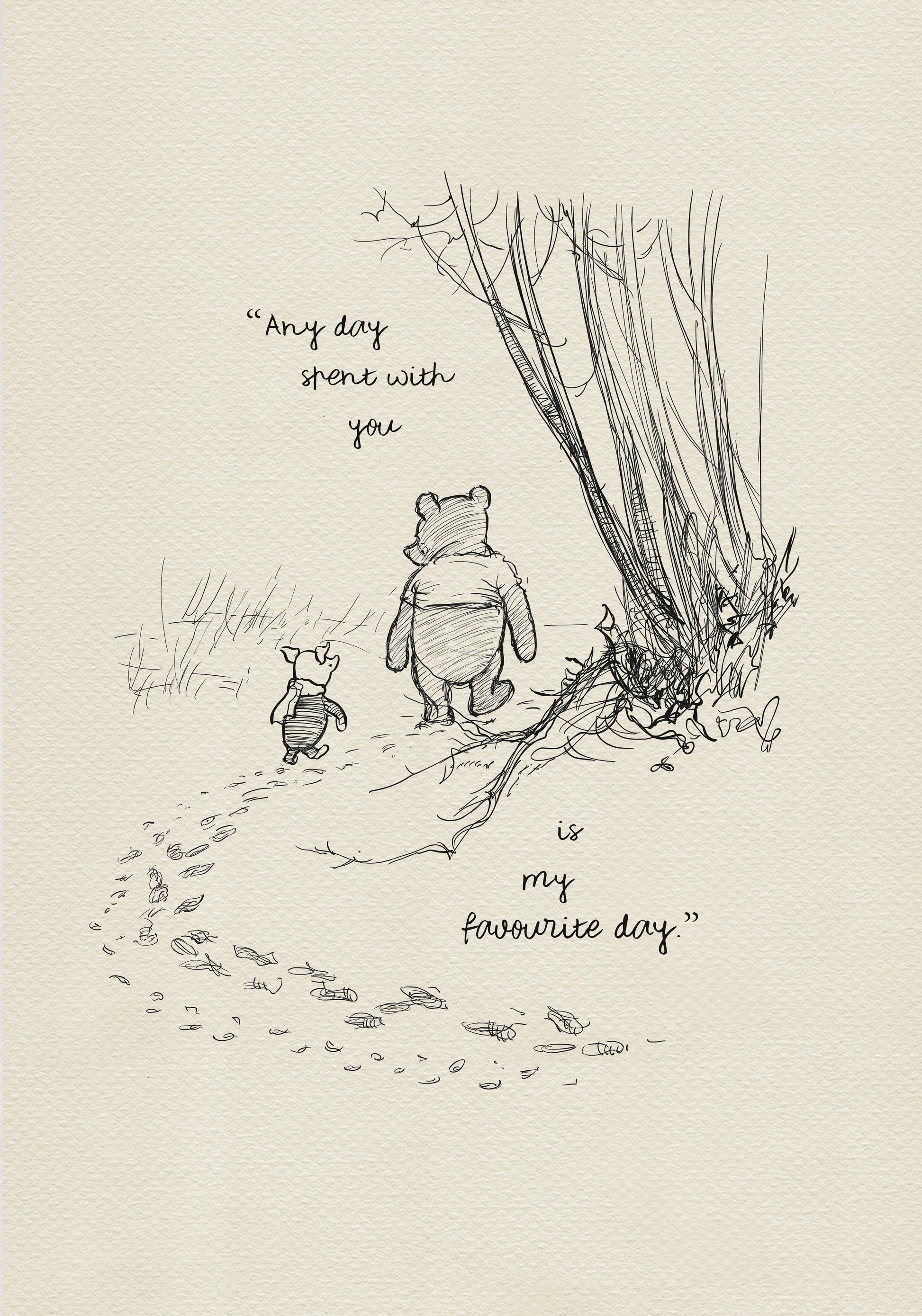 A black and white illustration of Winnie the Pooh and Piglet walking in the woods. The text reads 'As soon as I saw you, I knew a grand adventure was about to happen.' The background is a light beige vintage color.