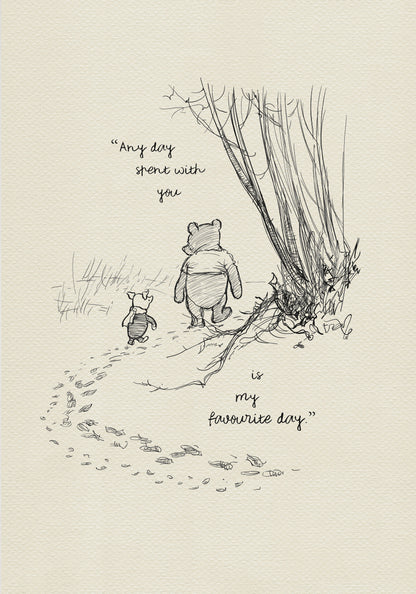 A black and white illustration of Winnie the Pooh and Piglet walking in the woods. The text reads 'As soon as I saw you, I knew a grand adventure was about to happen.' The background is a light beige vintage color.