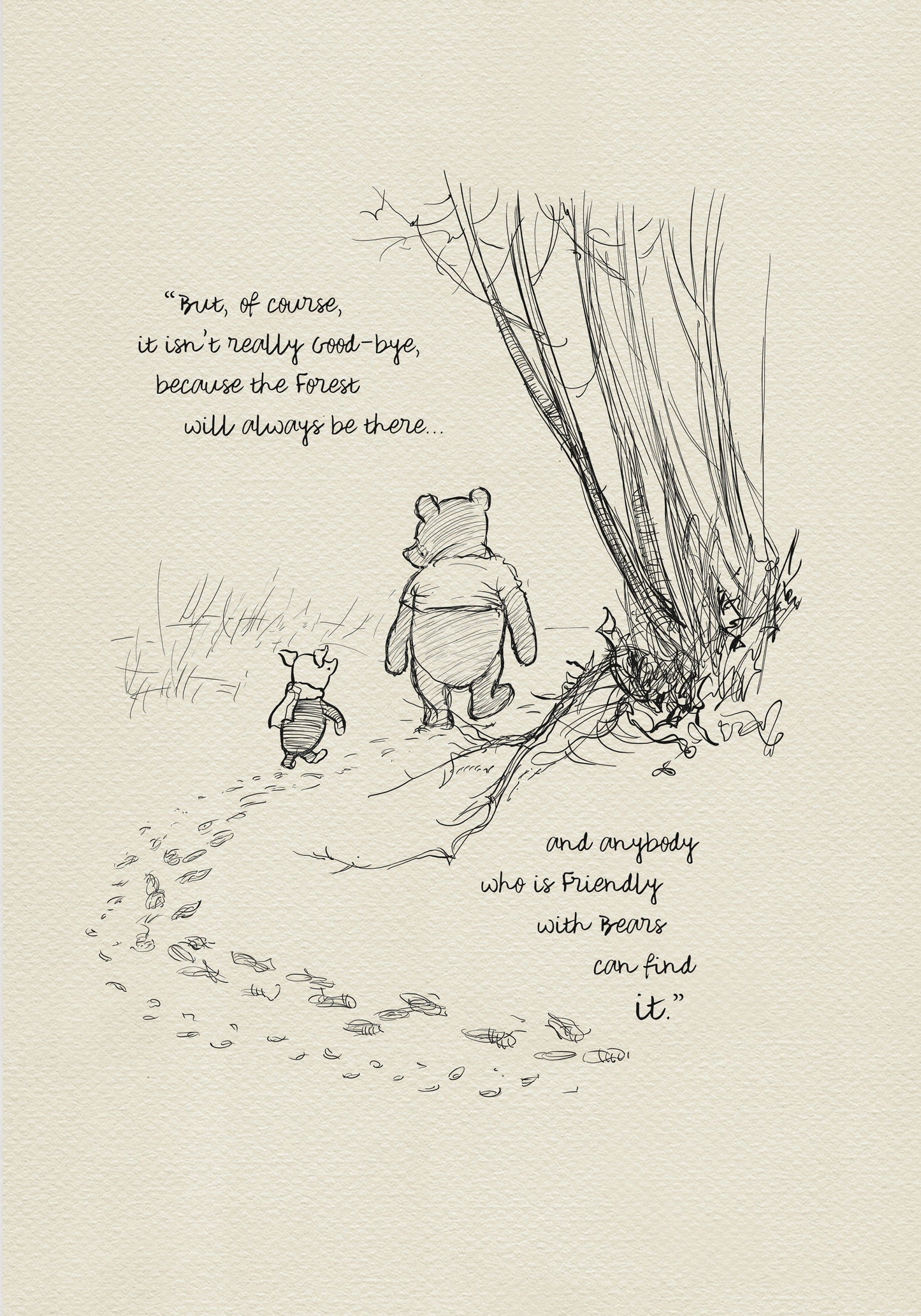 A black and white illustration of Winnie the Pooh and Piglet walking away from each other in a forest. The quote 'But, of course, it isn't really Good-bye, because the Forest will always be there.... and anybody who is Friendly with Bears can find it' is written below the illustration.