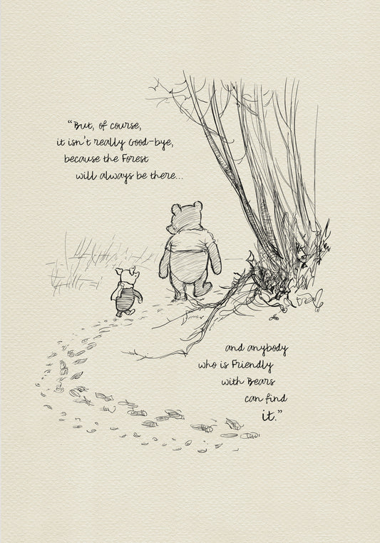 A black and white illustration of Winnie the Pooh and Piglet walking away from each other in a forest. The quote 'But, of course, it isn't really Good-bye, because the Forest will always be there.... and anybody who is Friendly with Bears can find it' is written below the illustration.