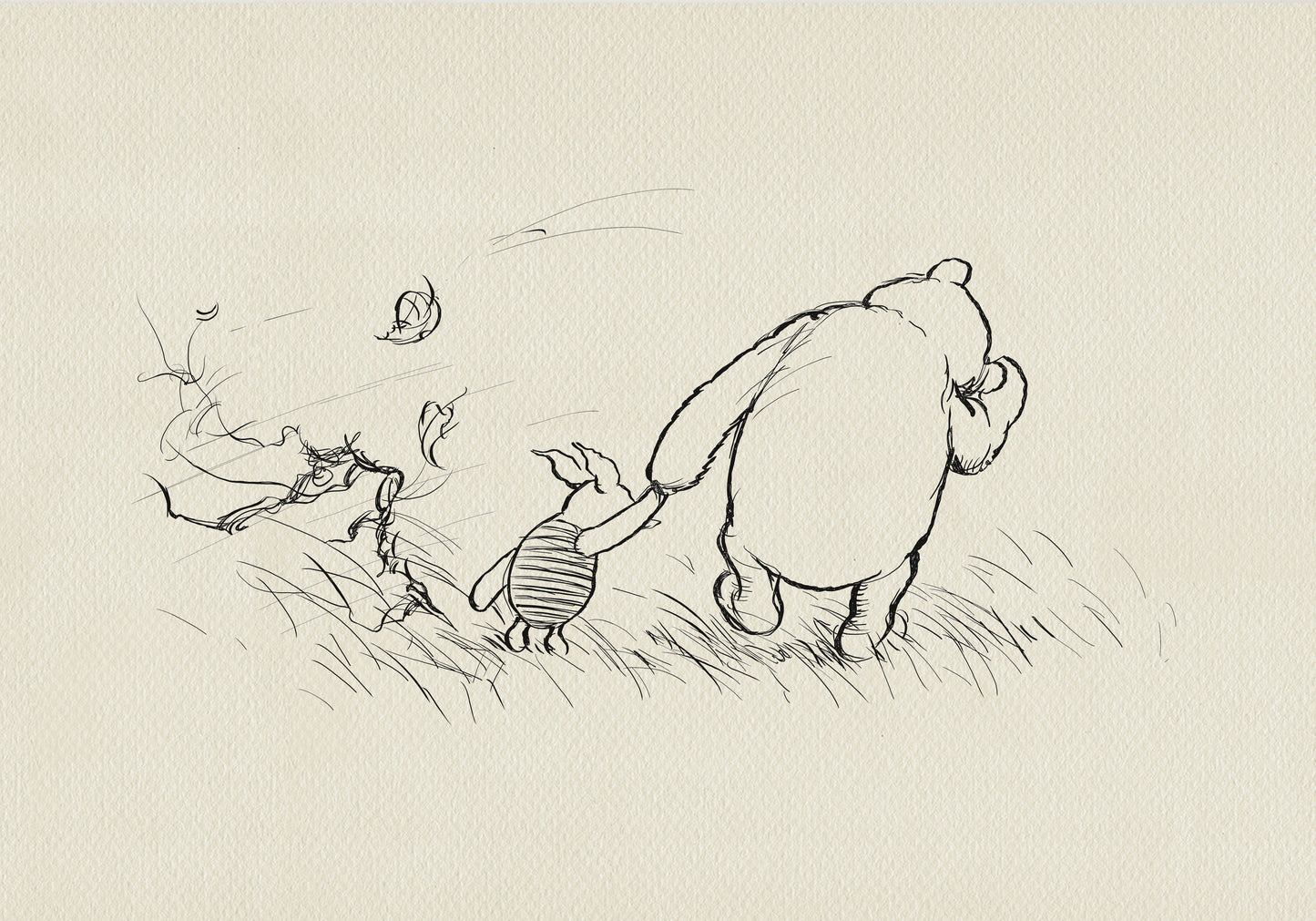 A black and white line drawing of Winnie the Pooh and Piglet walking through a field of grass. Leaves are blowing in the wind behind them.
