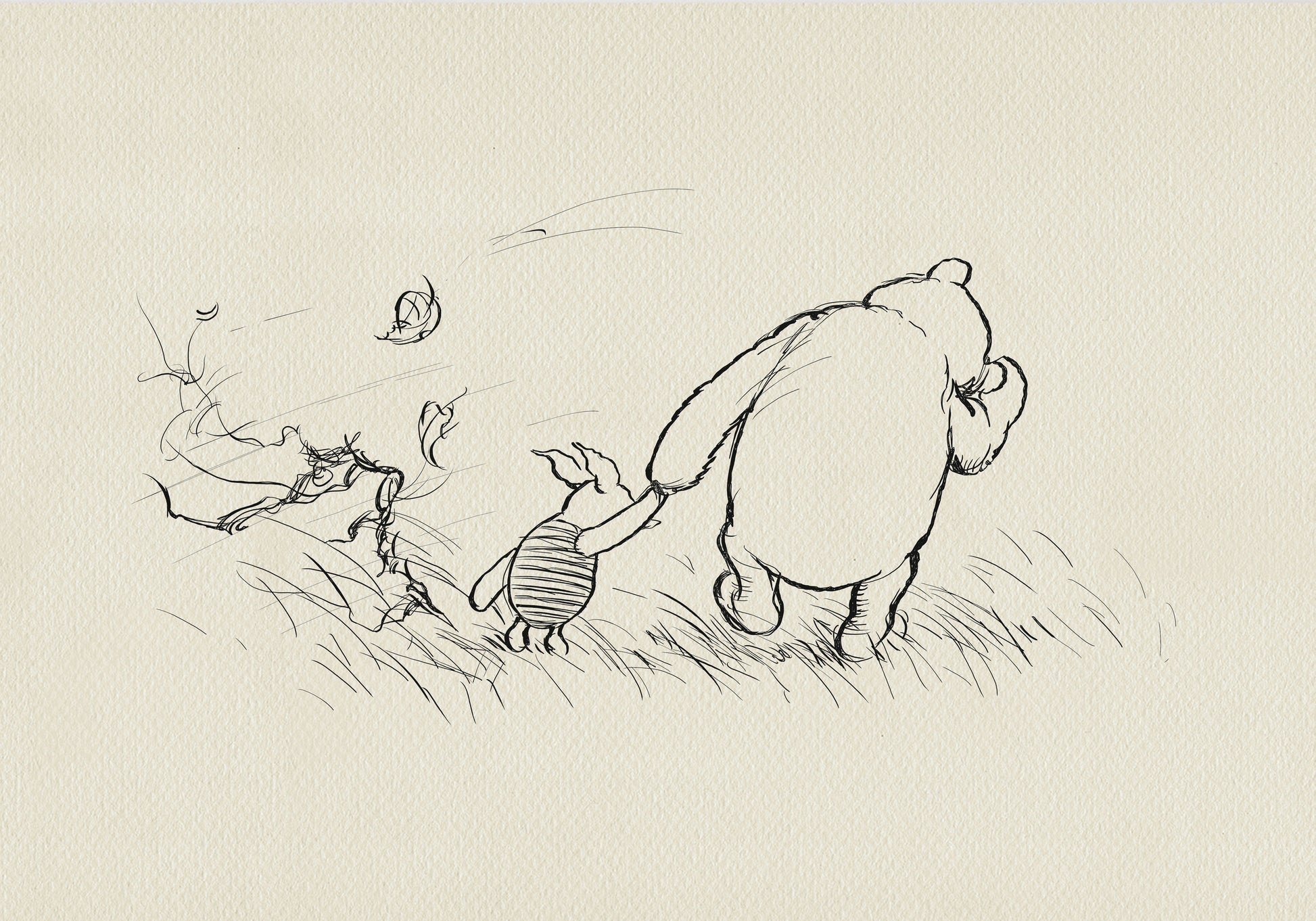 A black and white line drawing of Winnie the Pooh and Piglet walking through a field of grass. Leaves are blowing in the wind behind them.