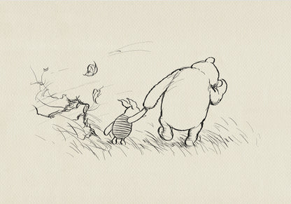 A black and white line drawing of Winnie the Pooh and Piglet walking through a field of grass. Leaves are blowing in the wind behind them.