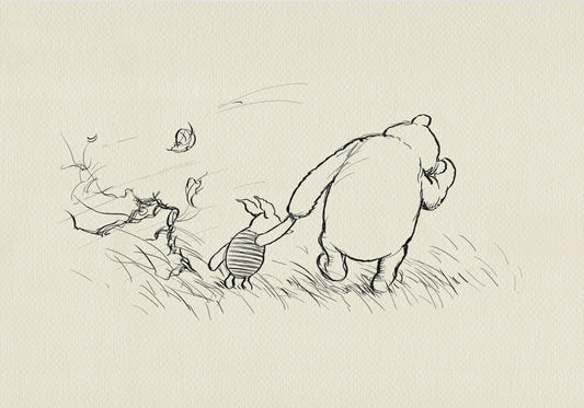 A black and white line drawing of Winnie the Pooh and Piglet walking through a field of grass. Leaves are blowing in the wind behind them.