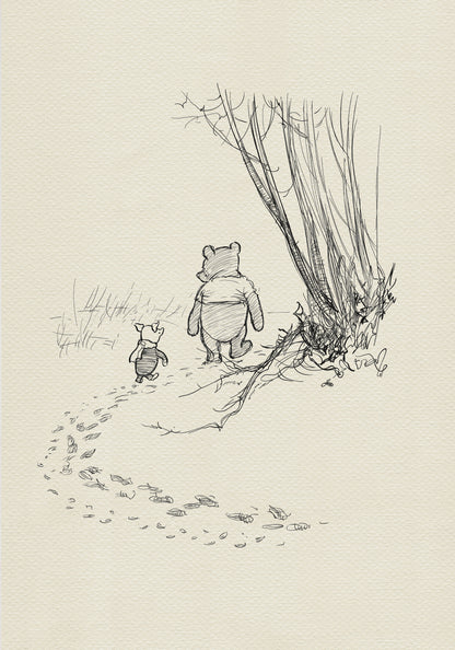 A black-and-white drawing of Winnie the Pooh and Piglet, set in a winter scene, walking side by side through the Hundred Acre Wood. They appear to be talking to each other because their heads are turned toward each other. Behind them, two rows of footprints in the snow are visible. To the right of the image, a large bush can be seen.