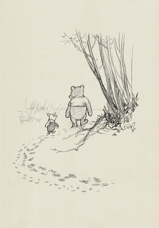 A black-and-white drawing of Winnie the Pooh and Piglet, set in a winter scene, walking side by side through the Hundred Acre Wood. They appear to be talking to each other because their heads are turned toward each other. Behind them, two rows of footprints in the snow are visible. To the right of the image, a large bush can be seen.