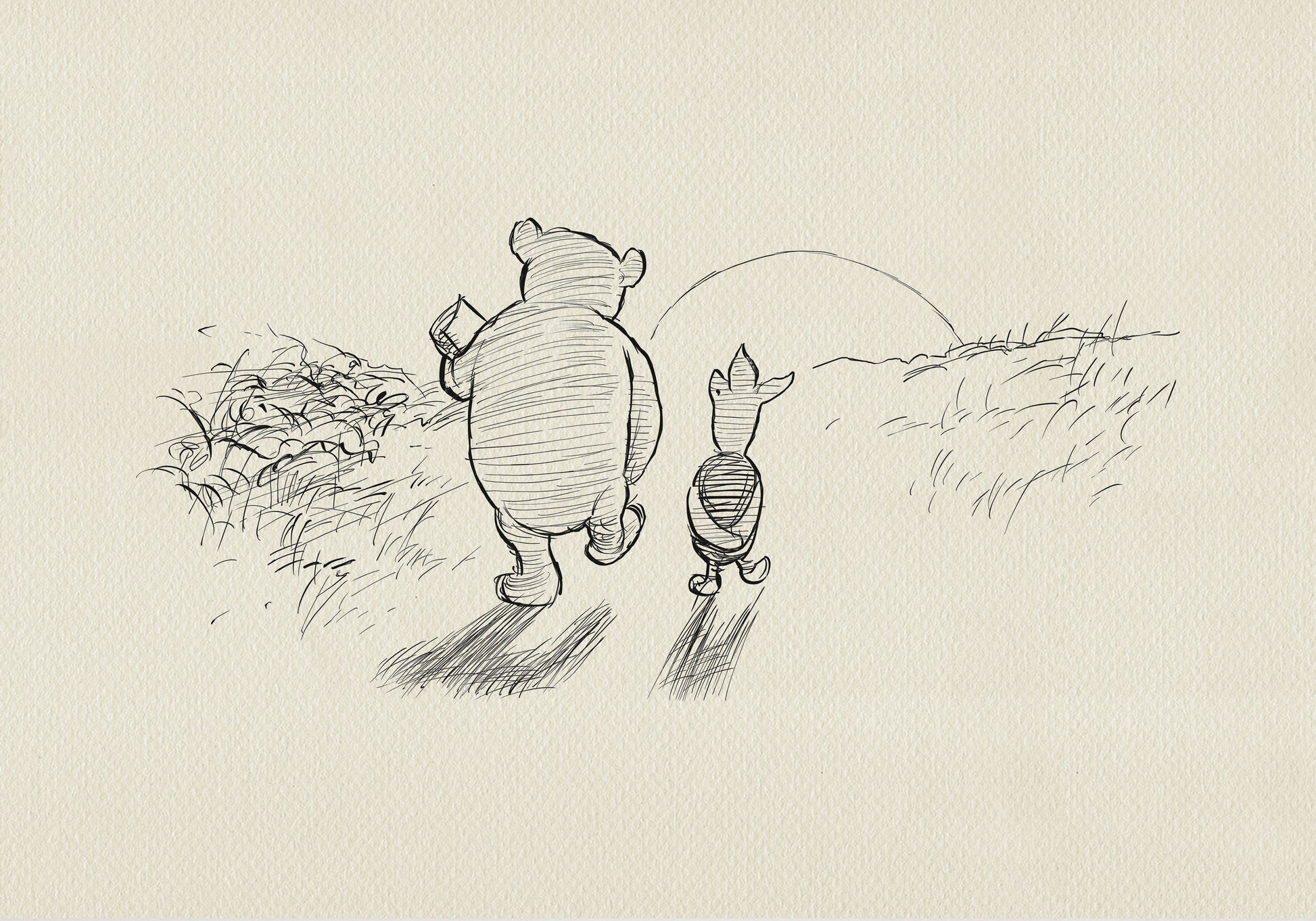 A black and white line drawing of Winnie the Pooh and Piglet walking away from the viewer. Winnie the Pooh is holding a small object in his right paw. Piglet is walking behind Winnie the Pooh. The background is a simple line drawing of grass and a setting sun.