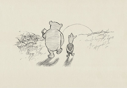 A black and white line drawing of Winnie the Pooh and Piglet walking away from the viewer. Winnie the Pooh is holding a small object in his right paw. Piglet is walking behind Winnie the Pooh. The background is a simple line drawing of grass and a setting sun.
