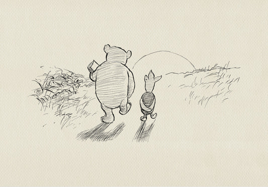 A black and white line drawing of Winnie the Pooh and Piglet walking away from the viewer. Winnie the Pooh is holding a small object in his right paw. Piglet is walking behind Winnie the Pooh. The background is a simple line drawing of grass and a setting sun.