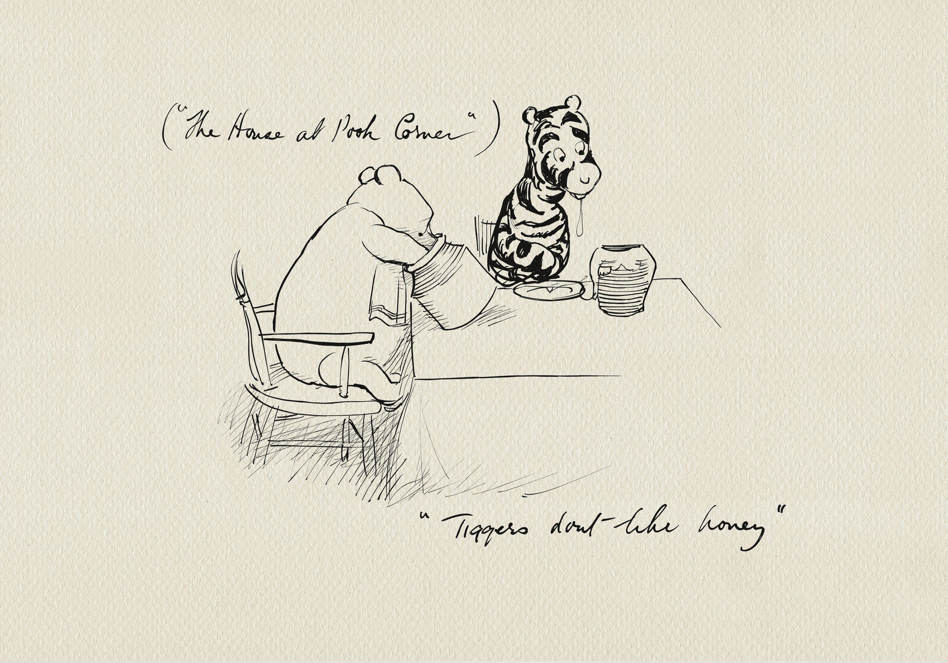 A black and white line drawing of Pooh and Tigger sitting at a table. A pot of honey sits on the table. Pooh is holding a second pot of honey. The added text reads: Tiggers don't like honey.