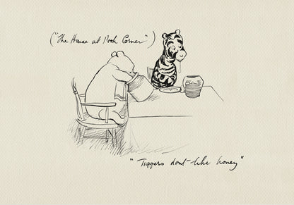 A black and white line drawing of Pooh and Tigger sitting at a table. A pot of honey sits on the table. Pooh is holding a second pot of honey. The added text reads: Tiggers don't like honey.