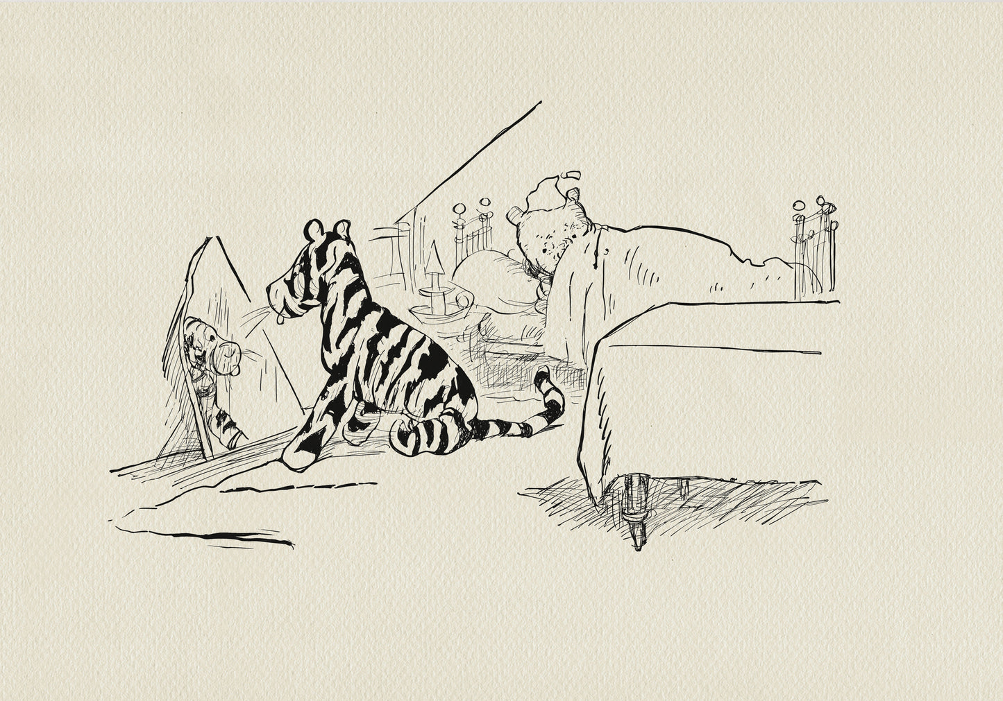 A black-and-white line drawing of Winnie the Pooh and Tigger. Tigger sits in front of a mirror, and Winnie the Pooh lies in bed, covered with a blanket. To the right of Tigger is a table covered with a tablecloth. The background is a light beige vintage color.