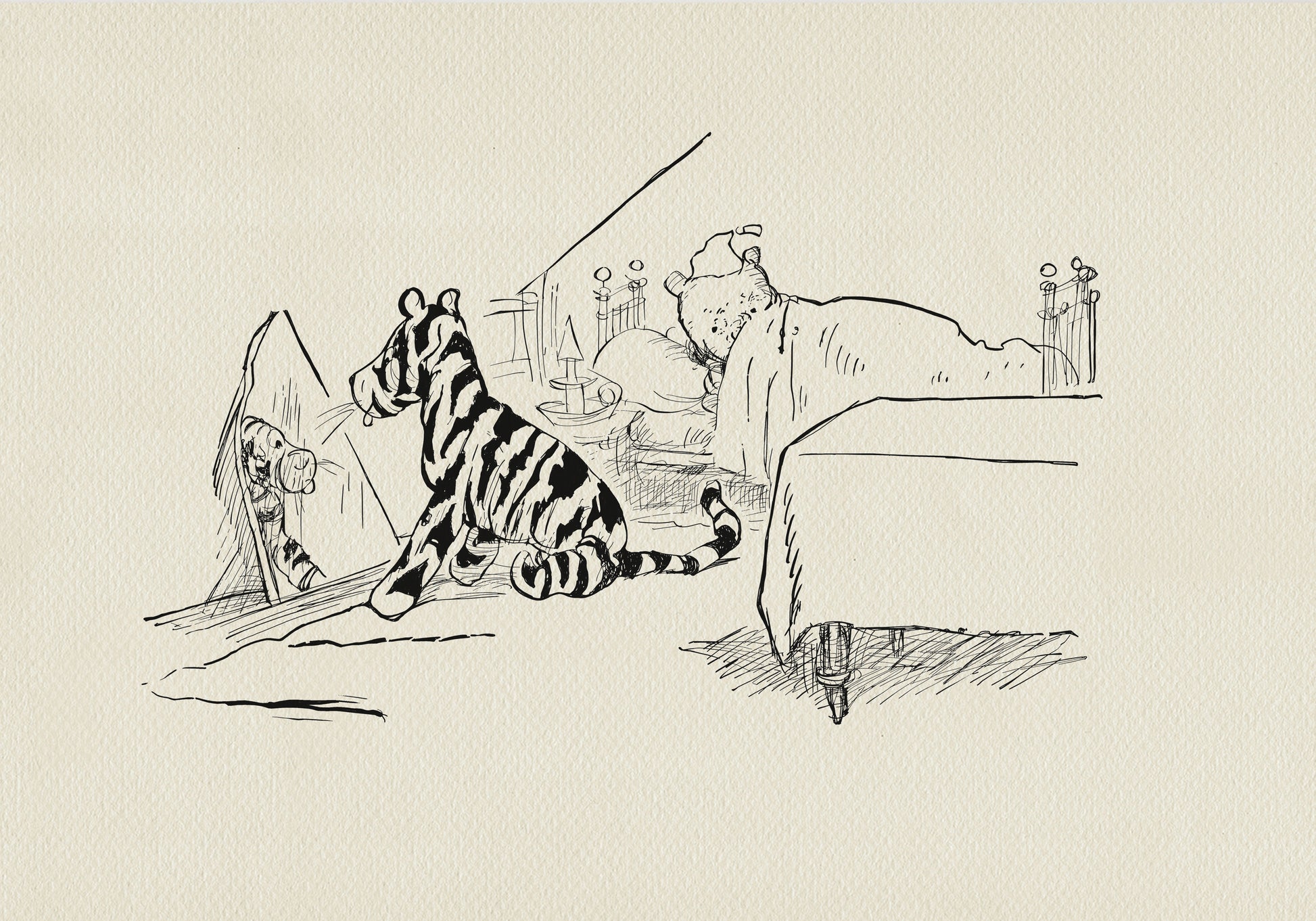 A black-and-white line drawing of Winnie the Pooh and Tigger. Tigger sits in front of a mirror, and Winnie the Pooh lies in bed, covered with a blanket. To the right of Tigger is a table covered with a tablecloth. The background is a light beige vintage color.