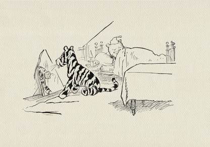 A black-and-white line drawing of Winnie the Pooh and Tigger. Tigger sits in front of a mirror, and Winnie the Pooh lies in bed, covered with a blanket. To the right of Tigger is a table covered with a tablecloth. The background is a light beige vintage color.