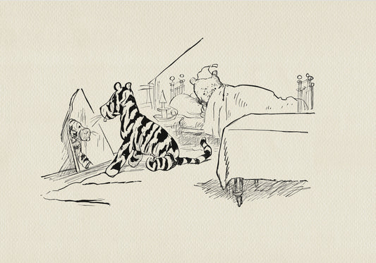 A black-and-white line drawing of Winnie the Pooh and Tigger. Tigger sits in front of a mirror, and Winnie the Pooh lies in bed, covered with a blanket. To the right of Tigger is a table covered with a tablecloth. The background is a light beige vintage color.
