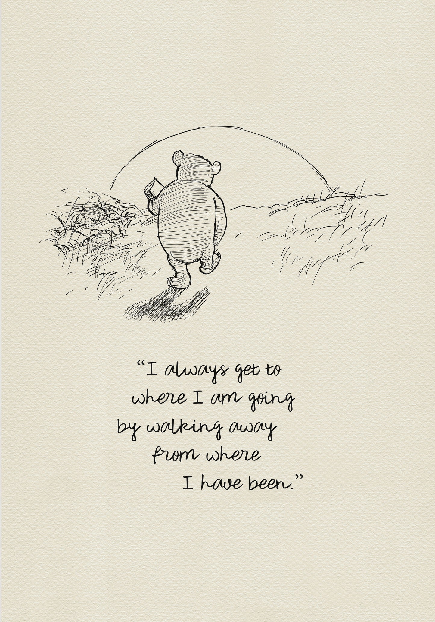 A black and white line drawing of Winnie the Pooh walking away from the viewer with a pot in his hand. The quote 'I always get to where I am going by walking away from where I have been.' is below the drawing.