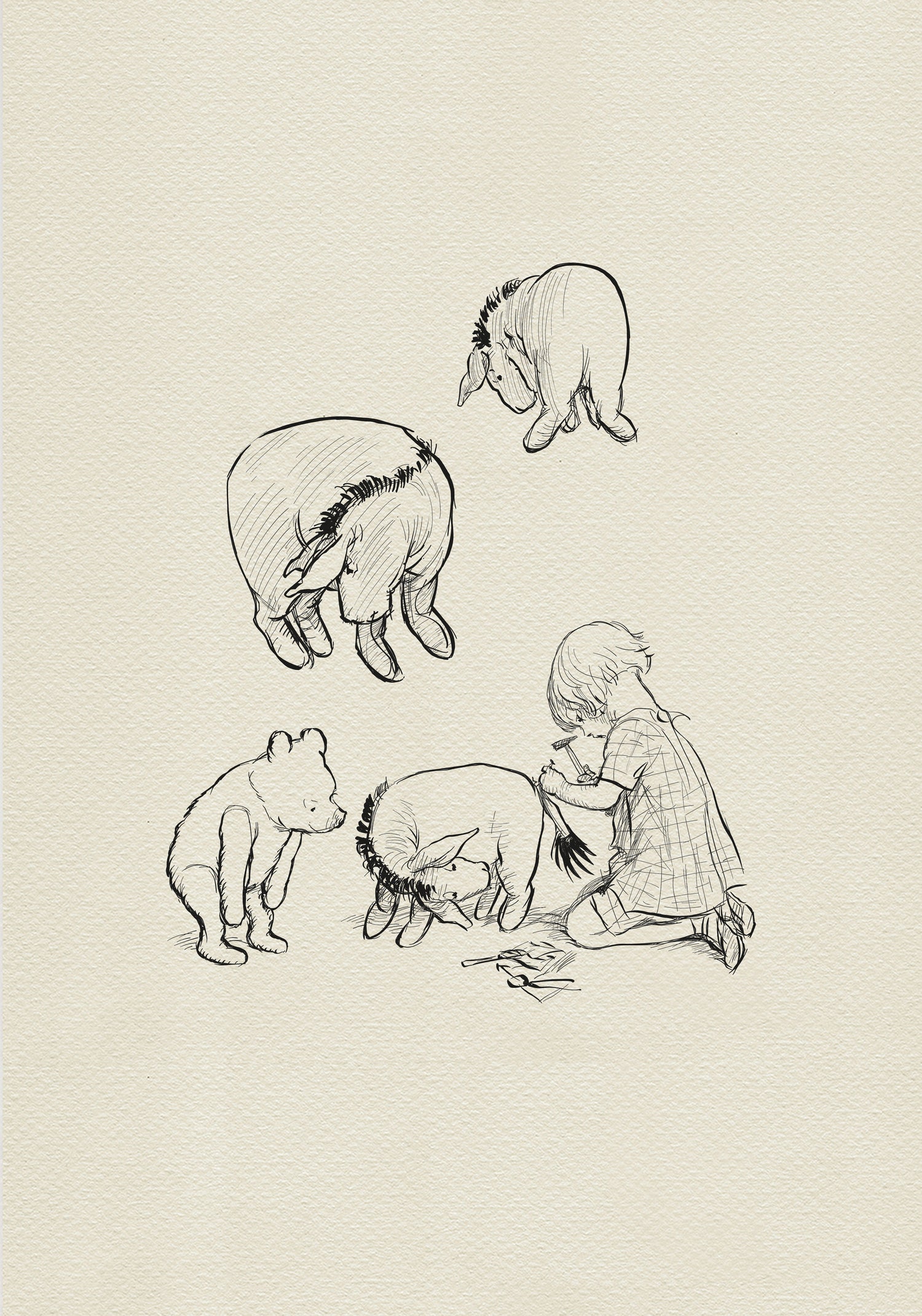 A black and white line drawing of Christopher Robin and Winnie the Pooh. The boy is sitting on the ground and using a hammer to fix Eeyore's tail. Winnie the Pooh is standing and watching. There are two other donkeys in the drawing, one standing and one lying down.