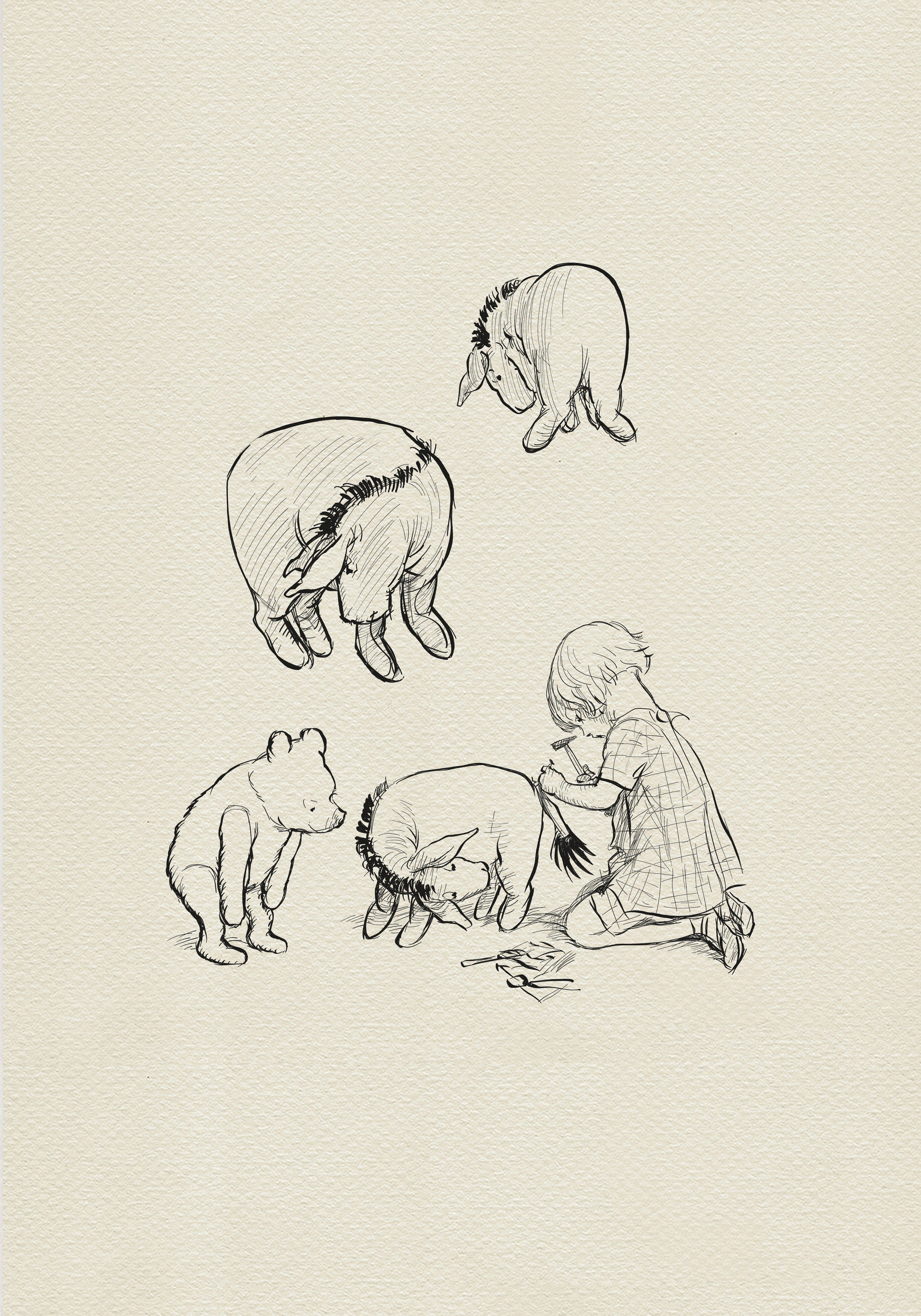 A black and white line drawing of Christopher Robin and Winnie the Pooh. The boy is sitting on the ground and using a hammer to fix Eeyore's tail. Winnie the Pooh is standing and watching. There are two other donkeys in the drawing, one standing and one lying down.