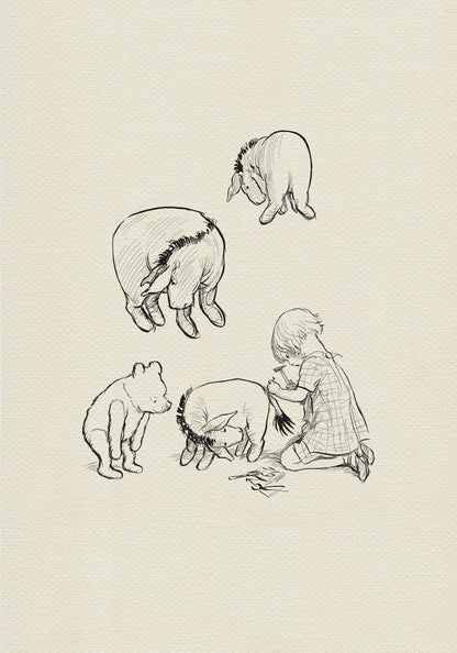 A black and white line drawing of Christopher Robin and Winnie the Pooh. The boy is sitting on the ground and using a hammer to fix Eeyore's tail. Winnie the Pooh is standing and watching. There are two other donkeys in the drawing, one standing and one lying down.