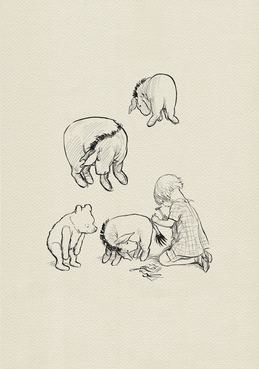 A black and white line drawing of Christopher Robin and Winnie the Pooh. The boy is sitting on the ground and using a hammer to fix Eeyore's tail. Winnie the Pooh is standing and watching. There are two other donkeys in the drawing, one standing and one lying down.