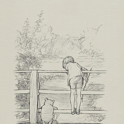 Classic Winnie the Pooh Artwork, Hand-Redrawn EH Shepard Sketch, Poohsticks Theme