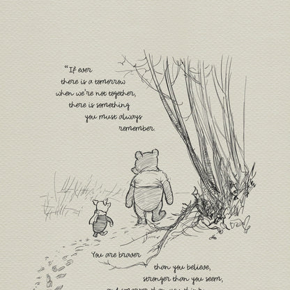 Winnie the Pooh Wall Art Print Inspirational Quote, Vintage Style Illustration for Friendship & Courage