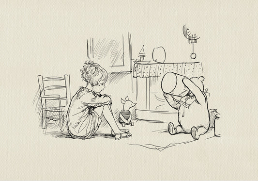 A black-and-white line drawing of Christopher Robin sitting on the floor with Winnie the Pooh and Piglet. Winnie the Pooh holds a cup and looks at Christopher Robin. In the background, we see a fireplace and a pendulum clock hanging on the wall.