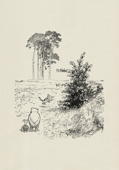 A black and white line drawing of Winnie the Pooh, Piglet, and Tigger in a forest setting. Winnie the Pooh and Piglet are walking towards the right side of the image, while Tigger is running away from them towards the left side of the image. There are trees in the background.