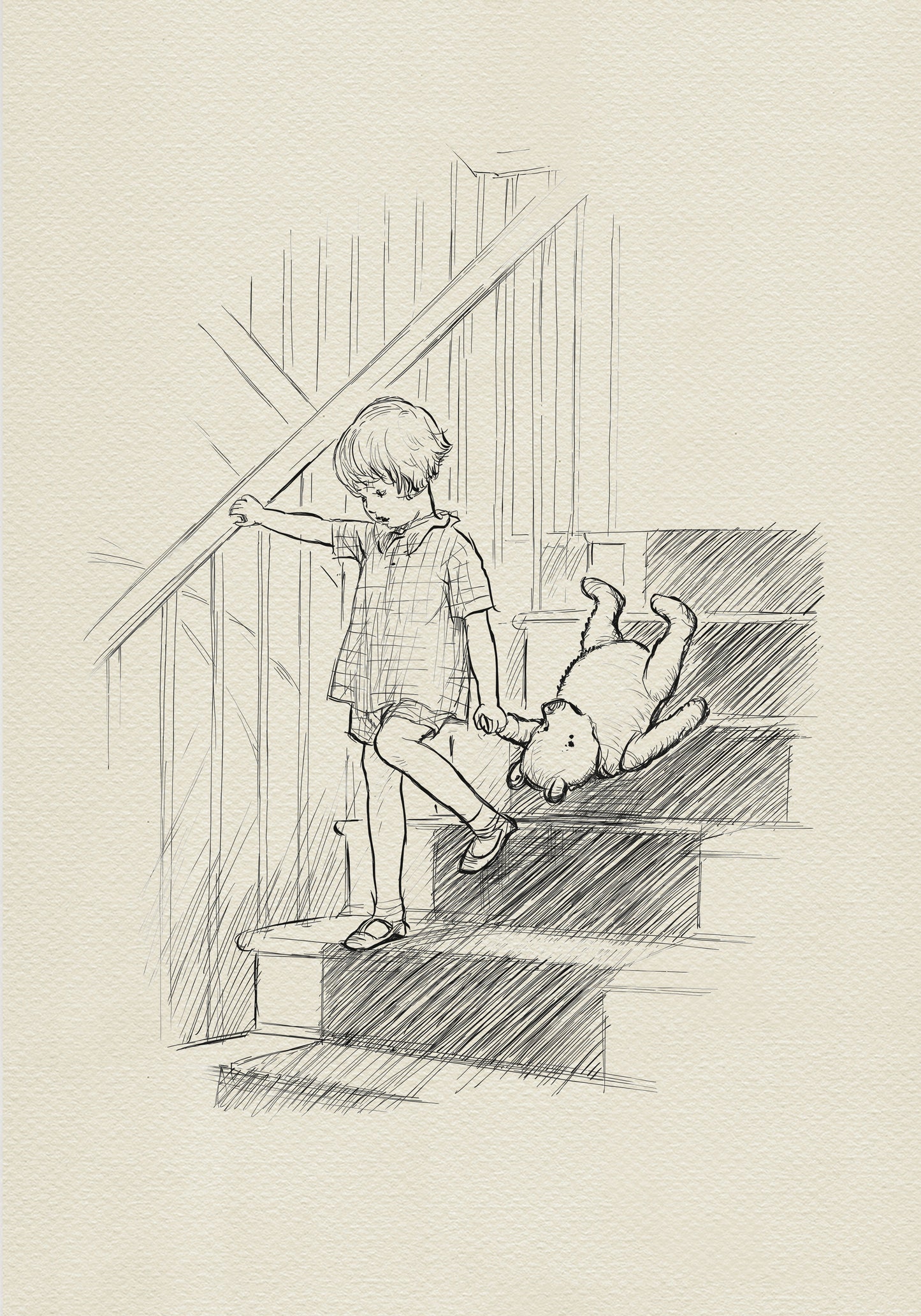 A black and white line drawing of Christopher Robin walking down a set of stairs. A boy is holding a teddy bear that is lying on its back on the stairs.