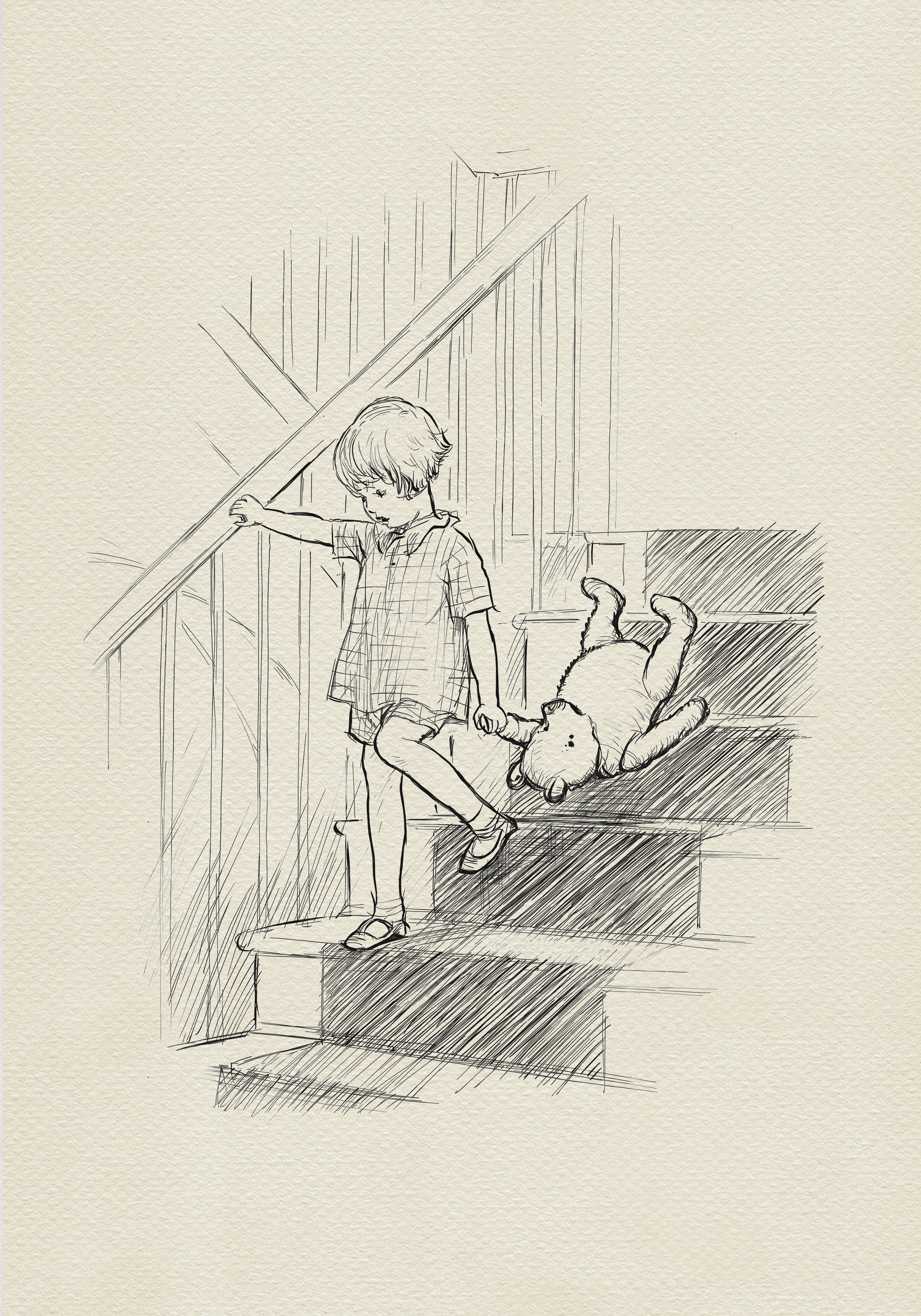 A black and white line drawing of Christopher Robin walking down a set of stairs. A boy is holding a teddy bear that is lying on its back on the stairs.