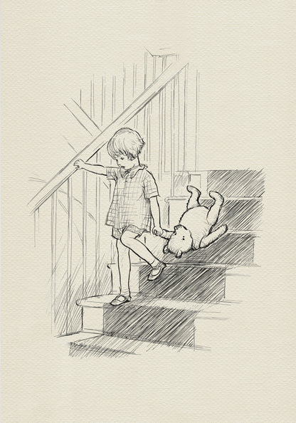 A black and white line drawing of Christopher Robin walking down a set of stairs. A boy is holding a teddy bear that is lying on its back on the stairs.